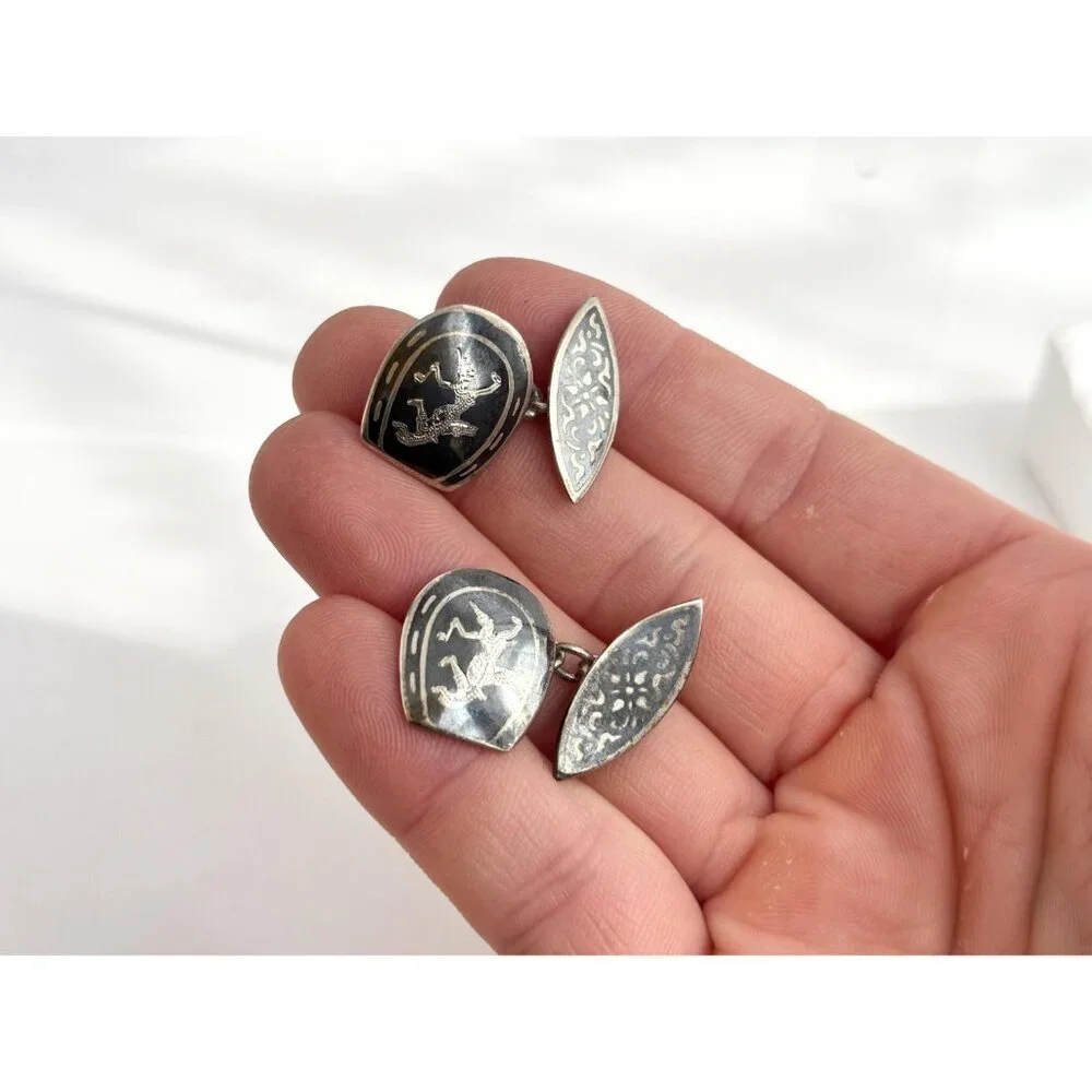 Siam Sterling Cufflink Black Horseshoe Nielloware Vintage Thai Made 925 Earrings